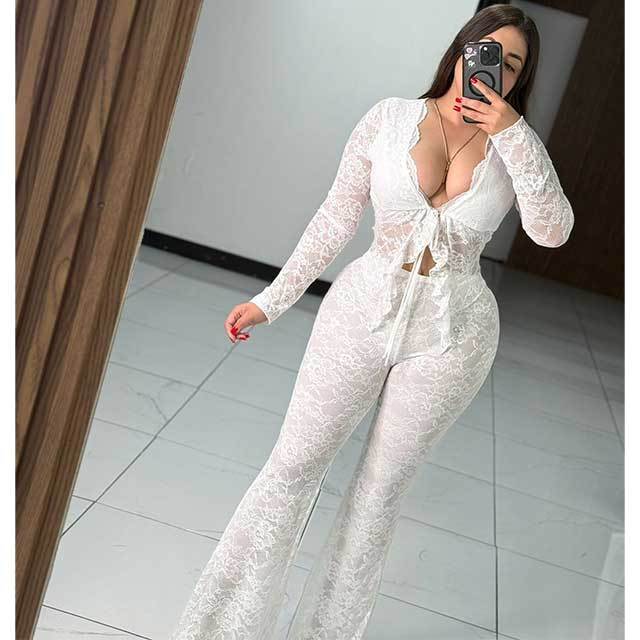 Lace-up Hollow Cardigan Top Lace Bell Pants Set