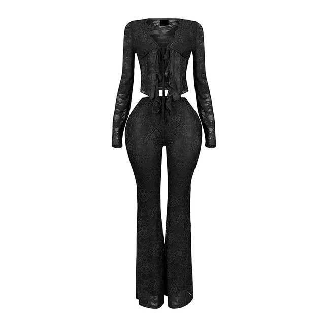 Lace-up Hollow Cardigan Top Lace Bell Pants Set