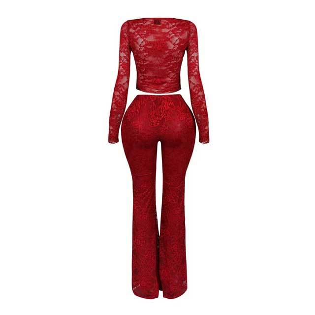 Lace-up Hollow Cardigan Top Lace Bell Pants Set
