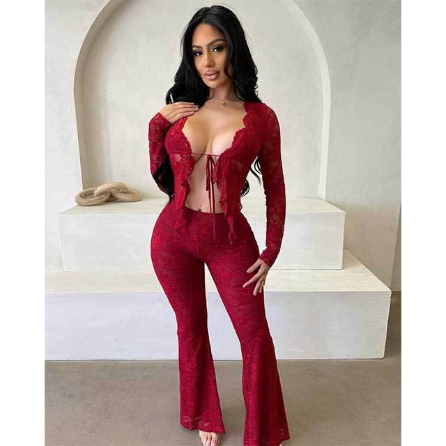 Lace-up Hollow Cardigan Top Lace Bell Pants Set