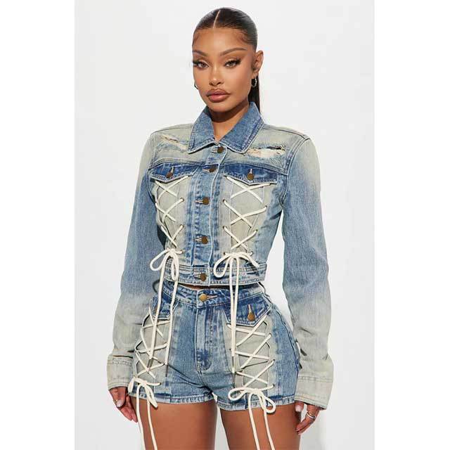Washed Denim Laced up Jacket Top 2 Pieces Short Set