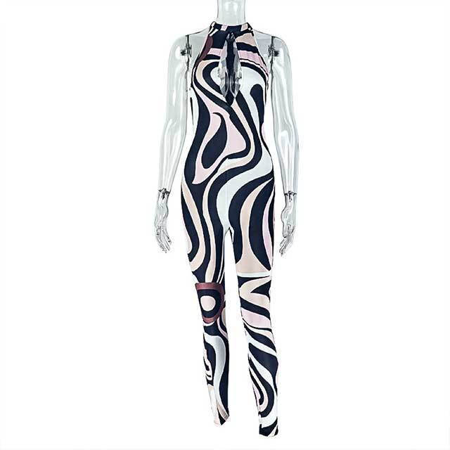 Cut Out Halter Neck Printed Bodycon Jumpsuit