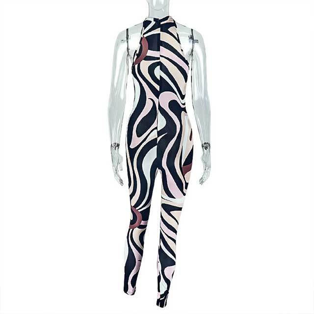 Cut Out Halter Neck Printed Bodycon Jumpsuit