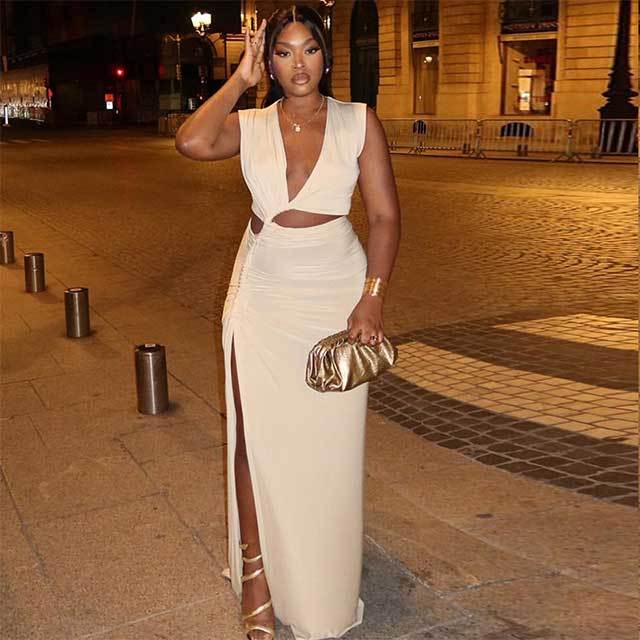 Deep V Neck Sleeveless High Split Maxi Dress