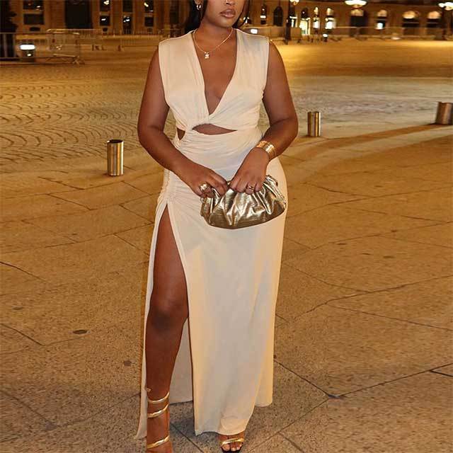 Deep V Neck Sleeveless High Split Maxi Dress