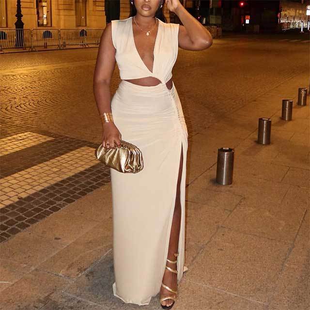 Deep V Neck Sleeveless High Split Maxi Dress