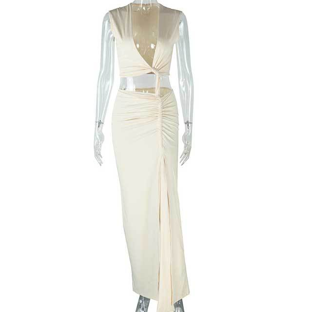 Deep V Neck Sleeveless High Split Maxi Dress