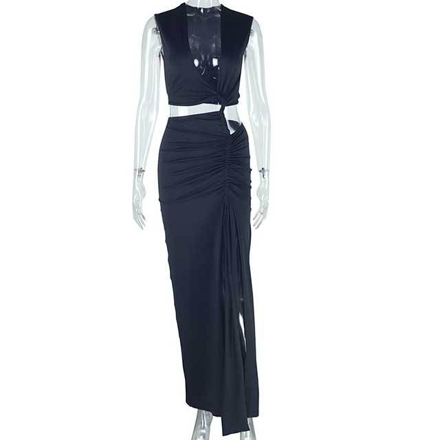Deep V Neck Sleeveless High Split Maxi Dress