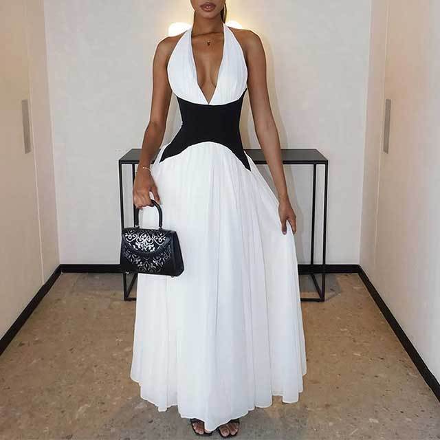 Halter Plunging V Neck Backless Slim Waist Maxi Dress