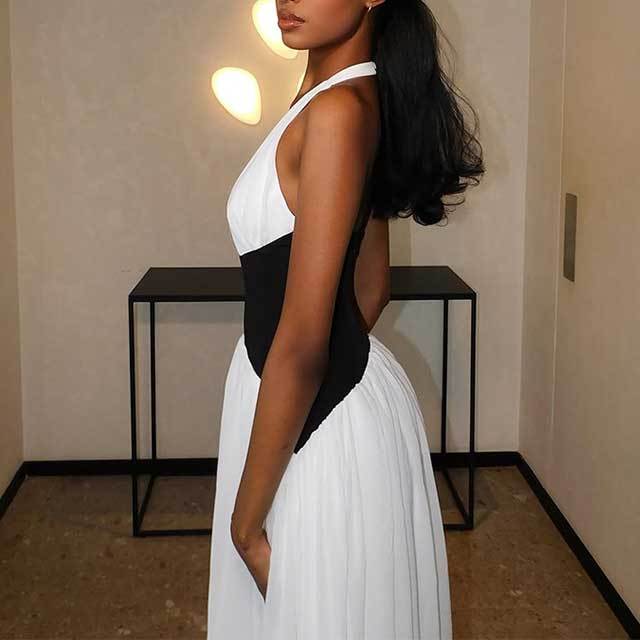 Halter Plunging V Neck Backless Slim Waist Maxi Dress