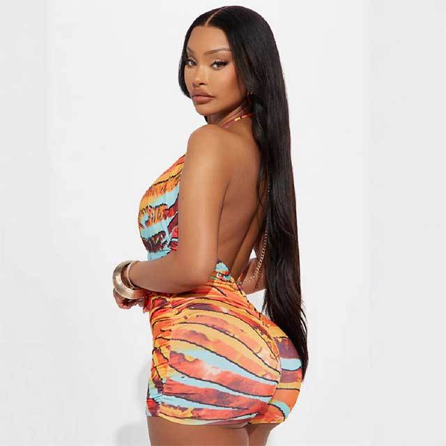 Printed Hollow out Halter Neck Slim Fit Romper