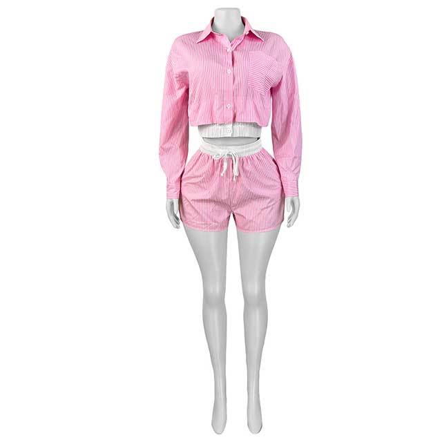Striped Printed Long Sleeve Blouse Shirt Top 2 Pieces Short Set