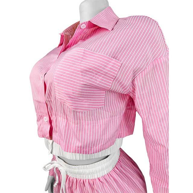 Striped Printed Long Sleeve Blouse Shirt Top 2 Pieces Short Set