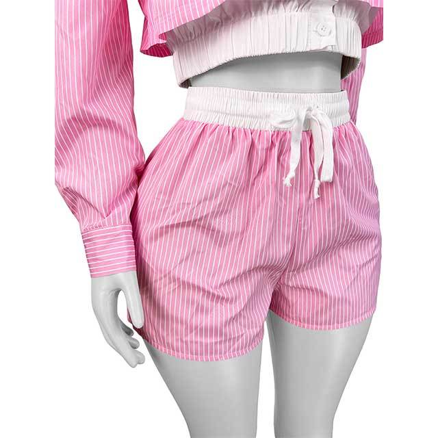 Striped Printed Long Sleeve Blouse Shirt Top 2 Pieces Short Set