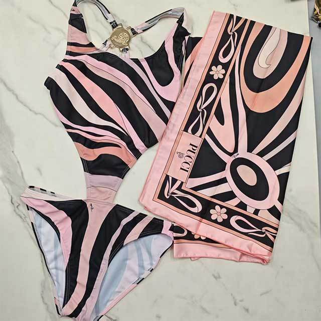 Cut Out Backless One Piece Swimwear Scarf Set