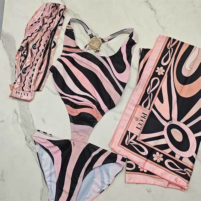 Cut Out Backless One Piece Swimwear Scarf Set