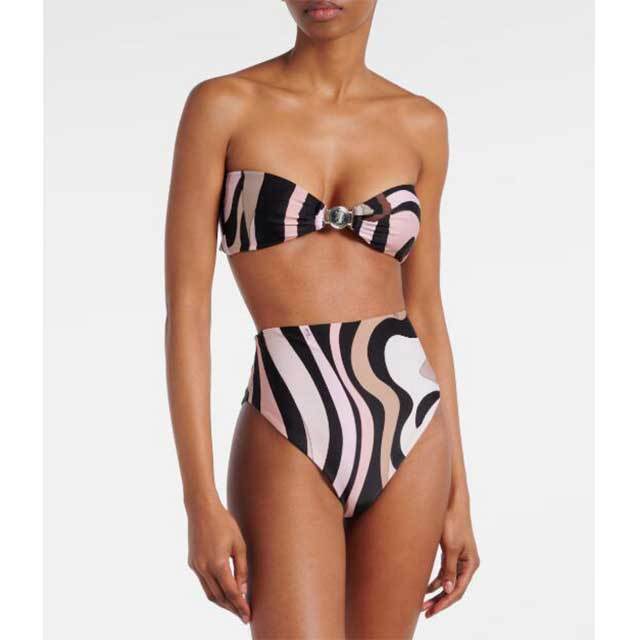 Printed Tube Top High Waist Bikinis Set