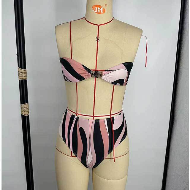 Printed Tube Top High Waist Bikinis Set