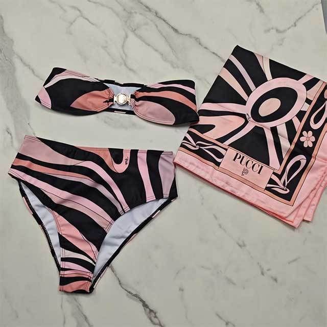 Printed Tube Top High Waist Bikinis Set