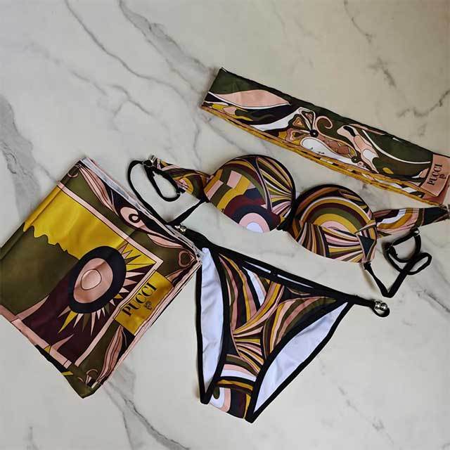 Striped Bikini Scarf Swimwear Set