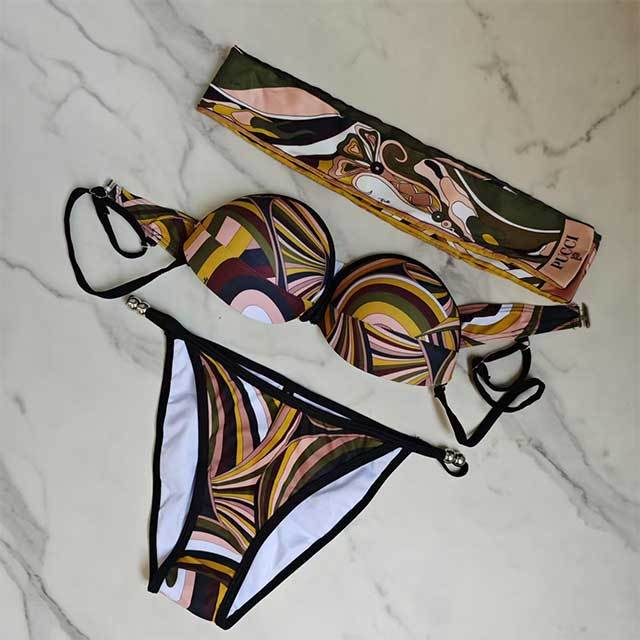 Striped Bikini Scarf Swimwear Set