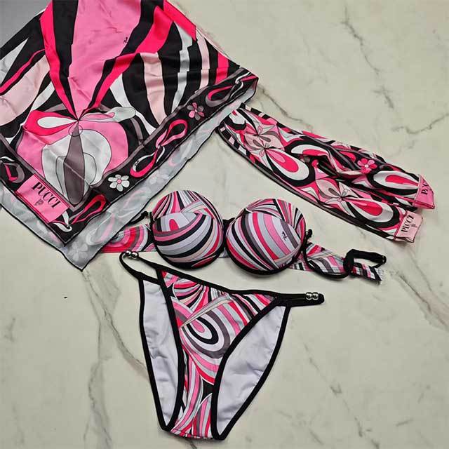 Striped Bikini Scarf Swimwear Set