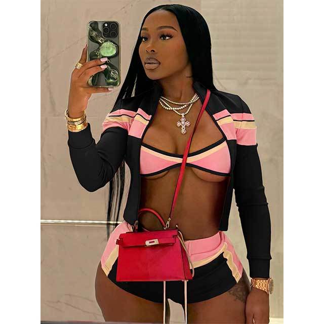 Striped Printed Jacket Top Laced Up Mini Short Set 3 Pieces