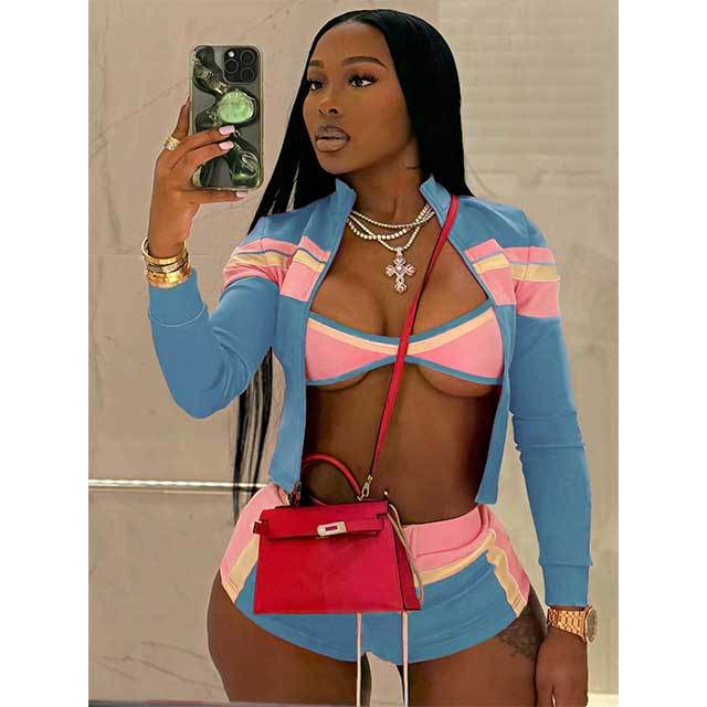 Striped Printed Jacket Top Laced Up Mini Short Set 3 Pieces