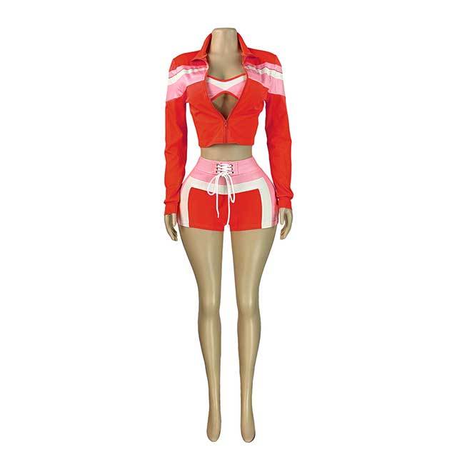 Striped Printed Jacket Top Laced Up Mini Short Set 3 Pieces