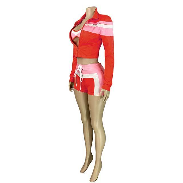 Striped Printed Jacket Top Laced Up Mini Short Set 3 Pieces