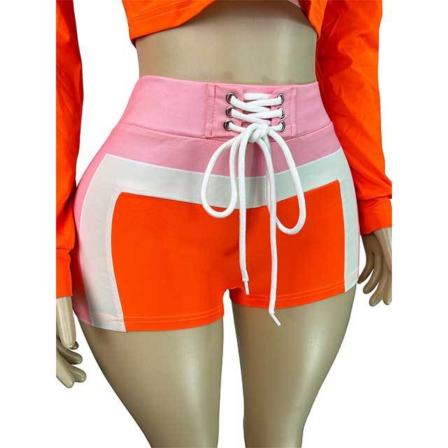 Striped Printed Jacket Top Laced Up Mini Short Set 3 Pieces