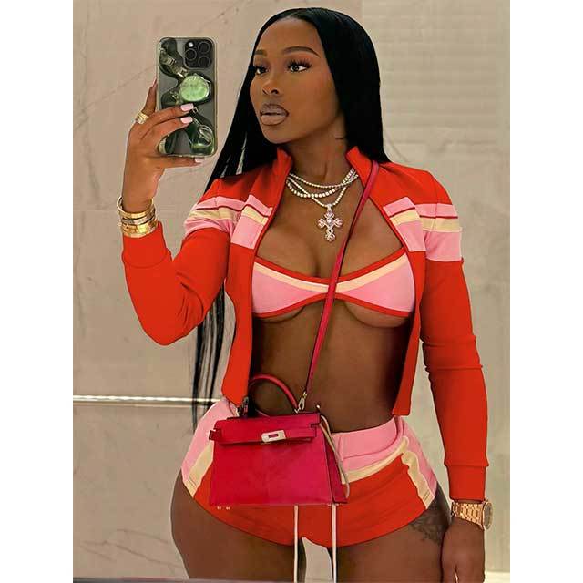 Striped Printed Jacket Top Laced Up Mini Short Set 3 Pieces