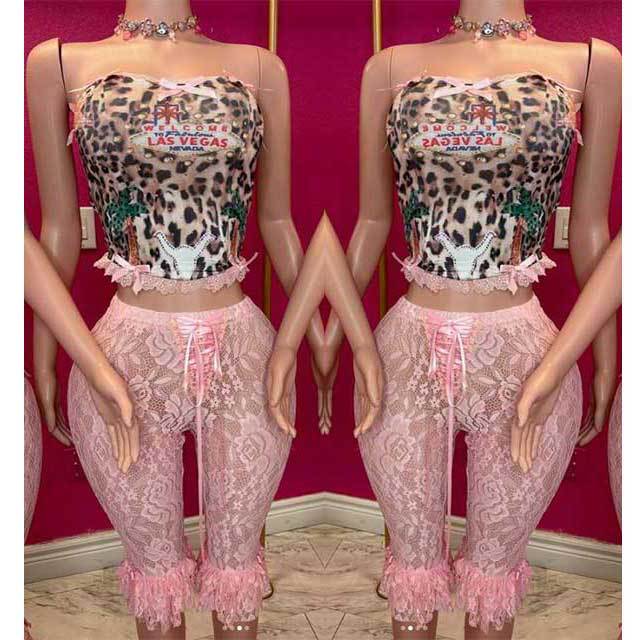 Leopard Printed Tube Top Lace Trim Pants Set
