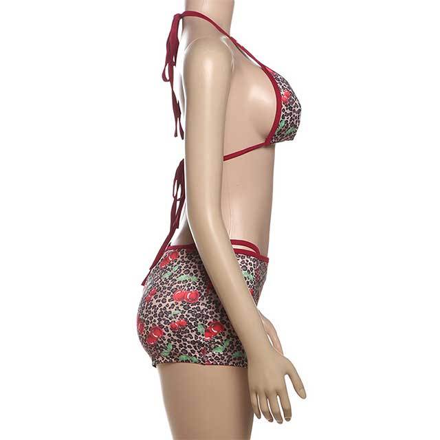 Cherry Printed Swimwear Short Set Bikinis 3 Pieces Set