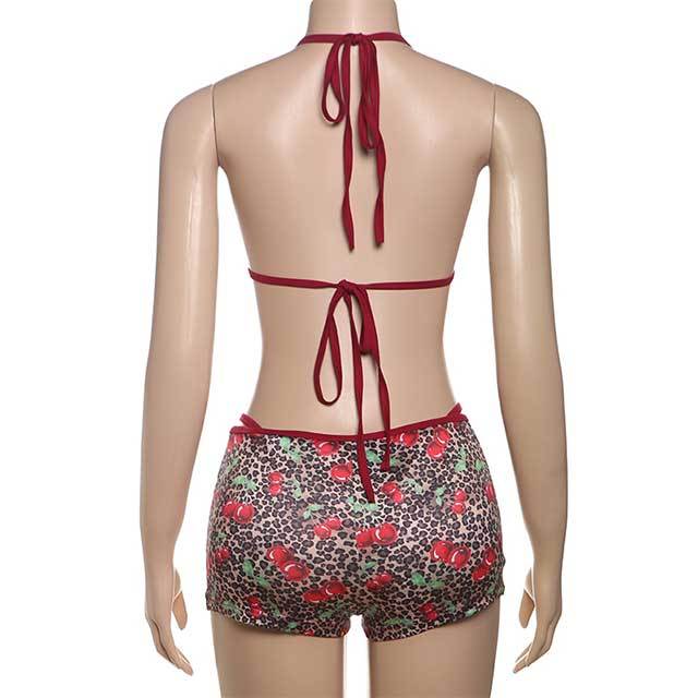 Cherry Printed Swimwear Short Set Bikinis 3 Pieces Set