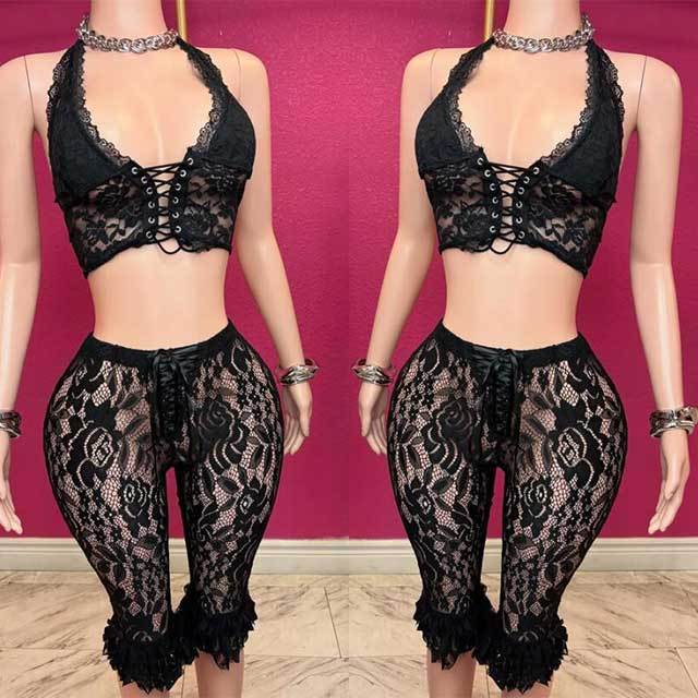 Halter V Neck Cropped Top Lace Trim Pants Set