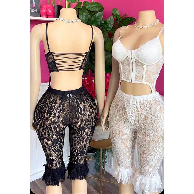 Lace Cross Strap Corset Top Slim Pant Set