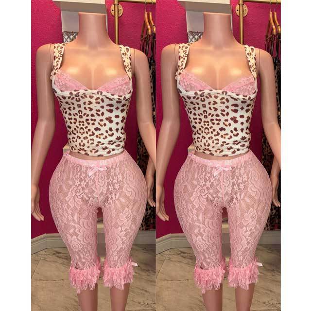 Leopard Print Low-cut Tank Top Lace Trim Pants Set