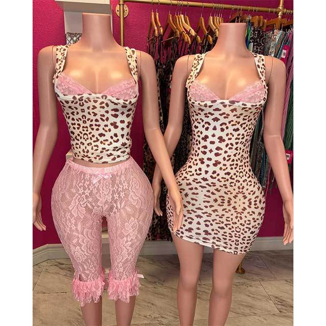 Leopard Print Low-cut Tank Top Lace Trim Pants Set