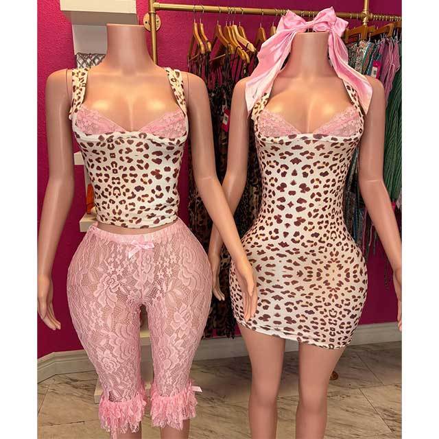 Leopard Print Low-cut Tank Top Lace Trim Pants Set