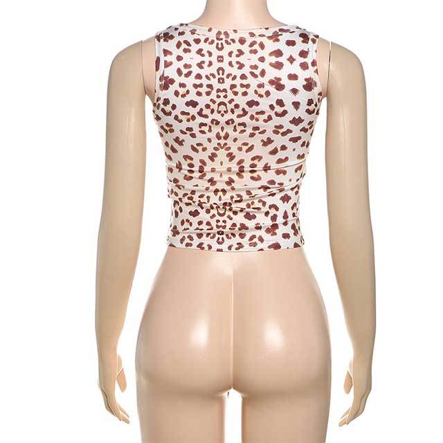 Leopard Print Low-cut Tank Top Lace Trim Pants Set