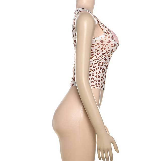 Leopard Print Low-cut Tank Top Lace Trim Pants Set