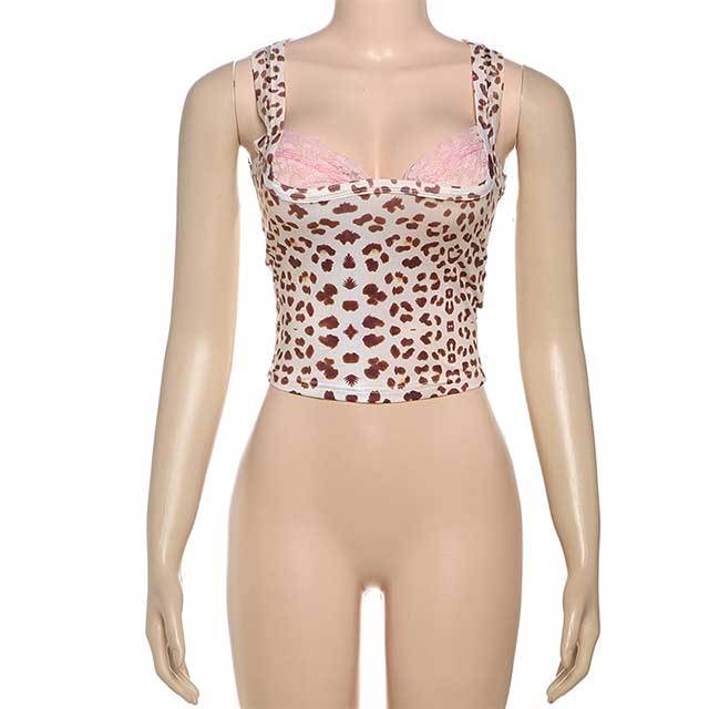 Leopard Print Low-cut Tank Top Lace Trim Pants Set