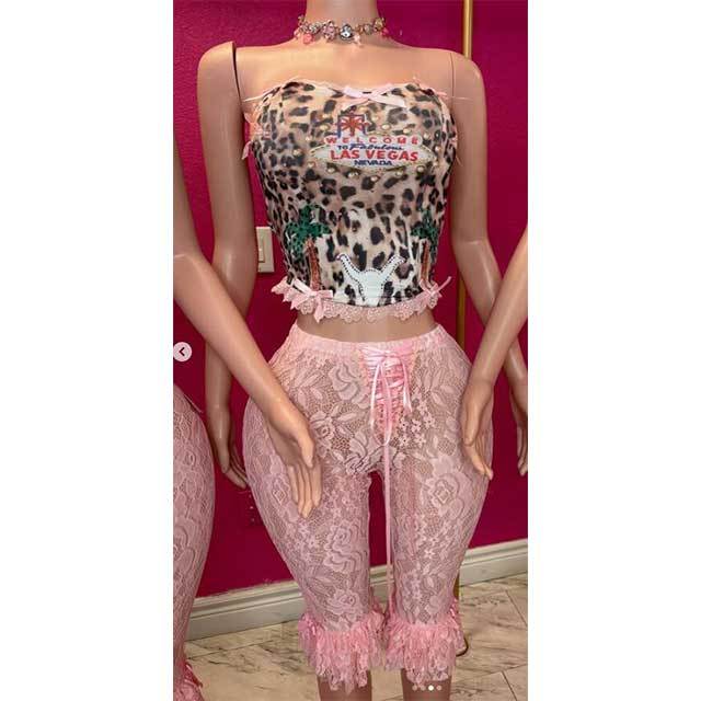 Leopard Printed Tube Top Lace Trim Pants Set