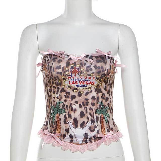 Leopard Printed Tube Top Lace Trim Pants Set