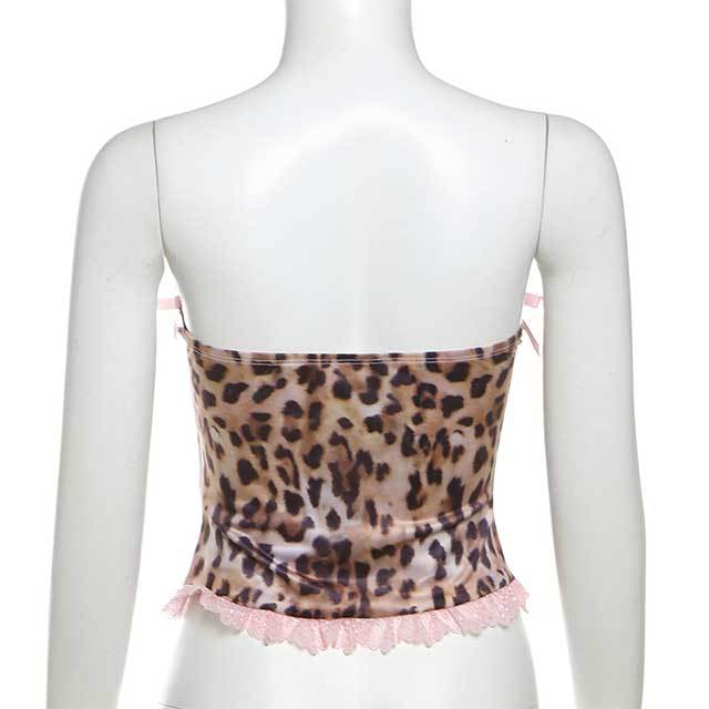 Leopard Printed Tube Top Lace Trim Pants Set