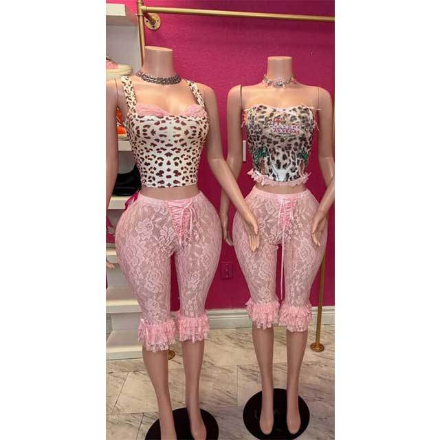 Leopard Printed Tube Top Lace Trim Pants Set