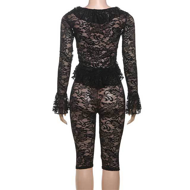 See Through Lace Bell Sleeve Top Tight Knee Short Set
