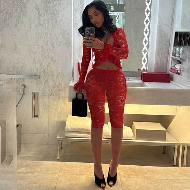 See Through Lace Bell Sleeve Top Tight Knee Short Set