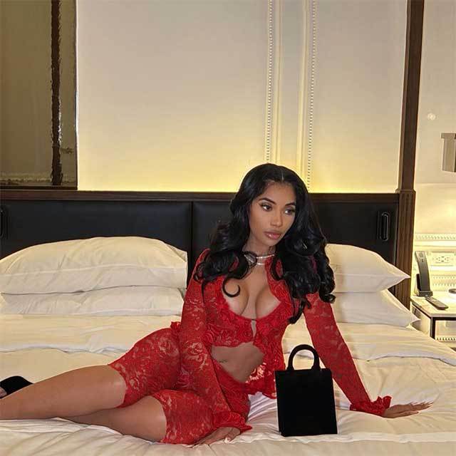 See Through Lace Bell Sleeve Top Tight Knee Short Set